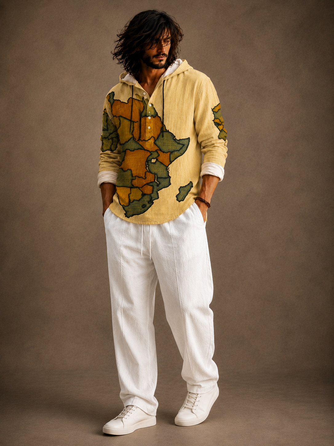 Premium Map Graphic Hooded Shirt – Artistic Full Sleeve Casual Overshirt