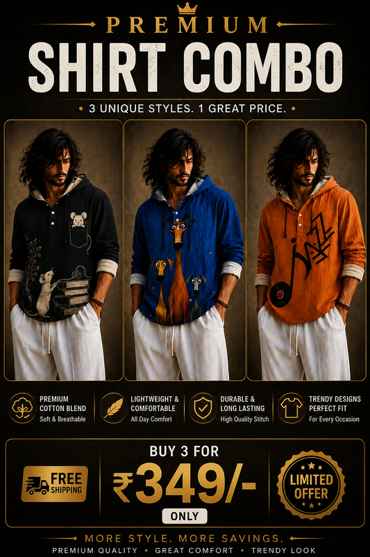 Premium 3 Shirt Combo – Mouse, Dog & Music Graphic Hooded Shirts