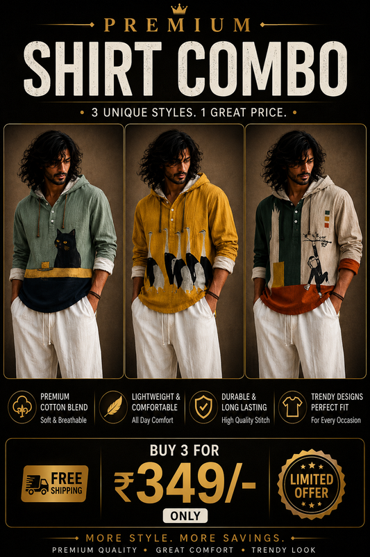 Premium 3 Shirt Combo – Cat, Crane & Monkey Graphic Hooded Shirts