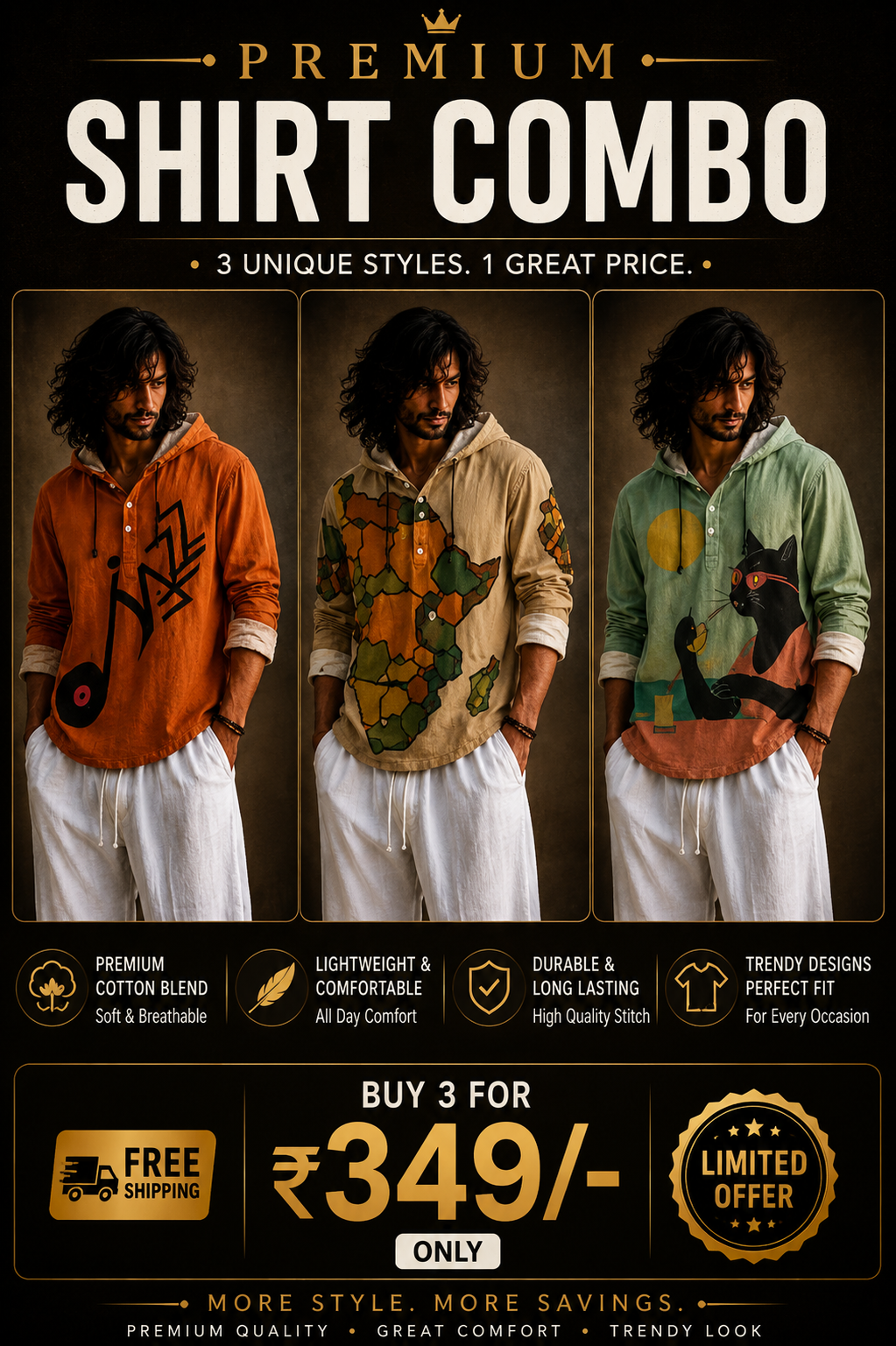 Premium 3 Shirt Combo – Music, Map & Cat Graphic Hooded Shirts