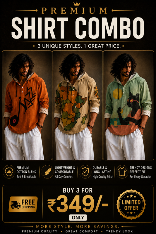 Premium 3 Shirt Combo – Music, Map & Cat Graphic Hooded Shirts