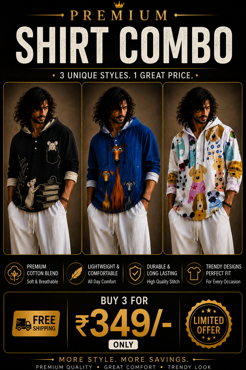 Premium 3 Shirt Combo – Mouse, Dog & Colorful Dog Graphic Hooded Shirts