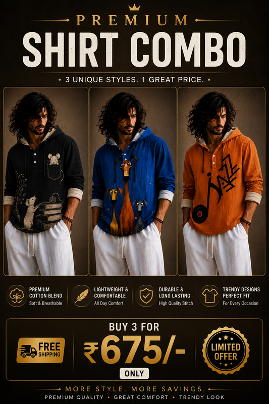 Premium 3 Shirt Combo – Mouse, Dog & Music Graphic Hooded Shirts