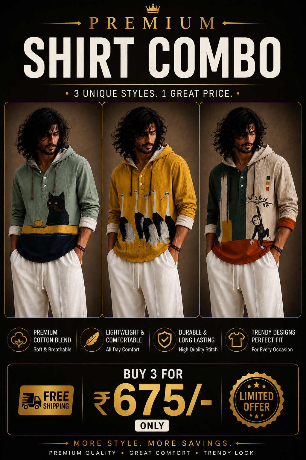 Premium 3 Shirt Combo – Cat, Crane & Monkey Graphic Hooded Shirts