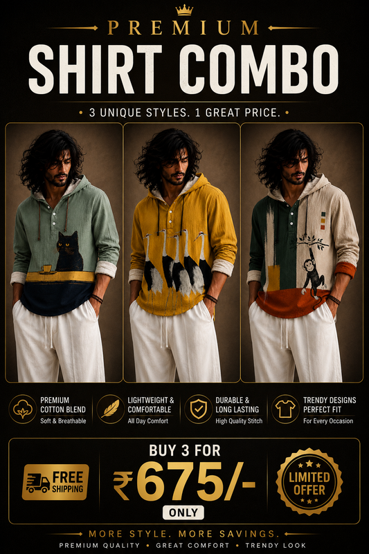 Premium 3 Shirt Combo – Cat, Crane & Monkey Graphic Hooded Shirts