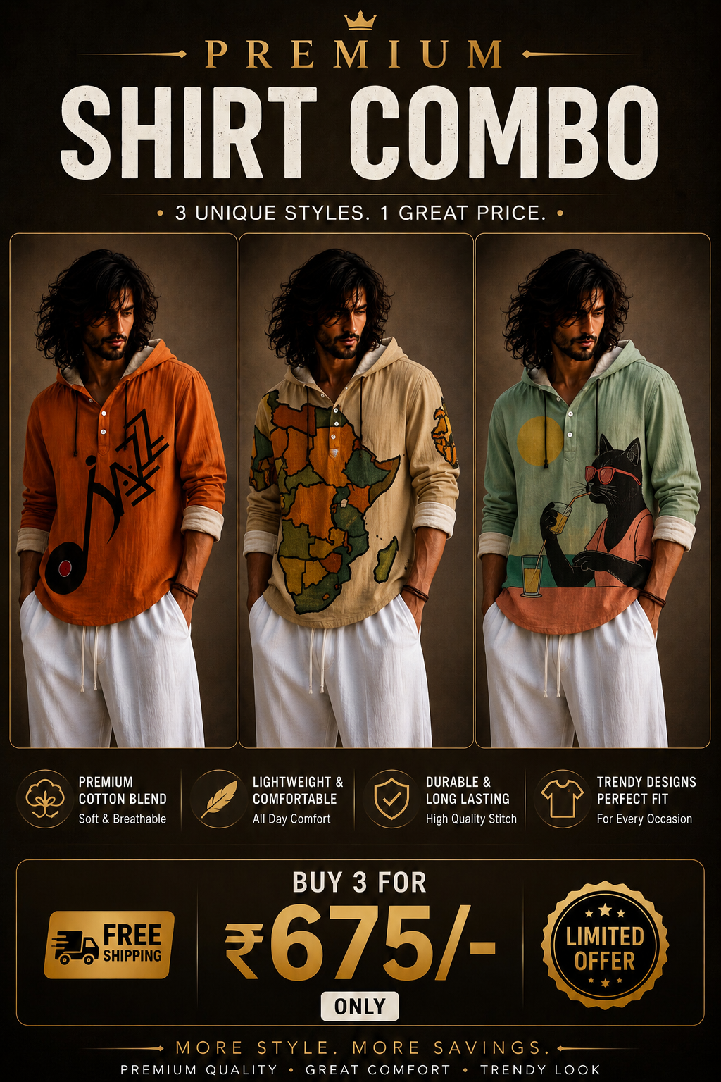 Premium 3 Shirt Combo – Music, Map & Cat Graphic Hooded Shirts