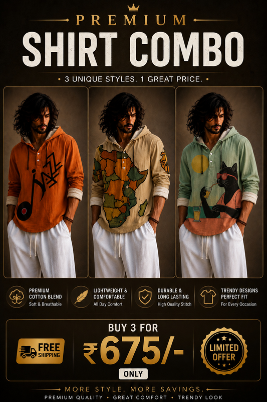 Premium 3 Shirt Combo – Music, Map & Cat Graphic Hooded Shirts