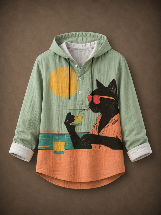 Premium Cat Graphic Hooded Shirt – Artistic Casual Full Sleeve Shirt
