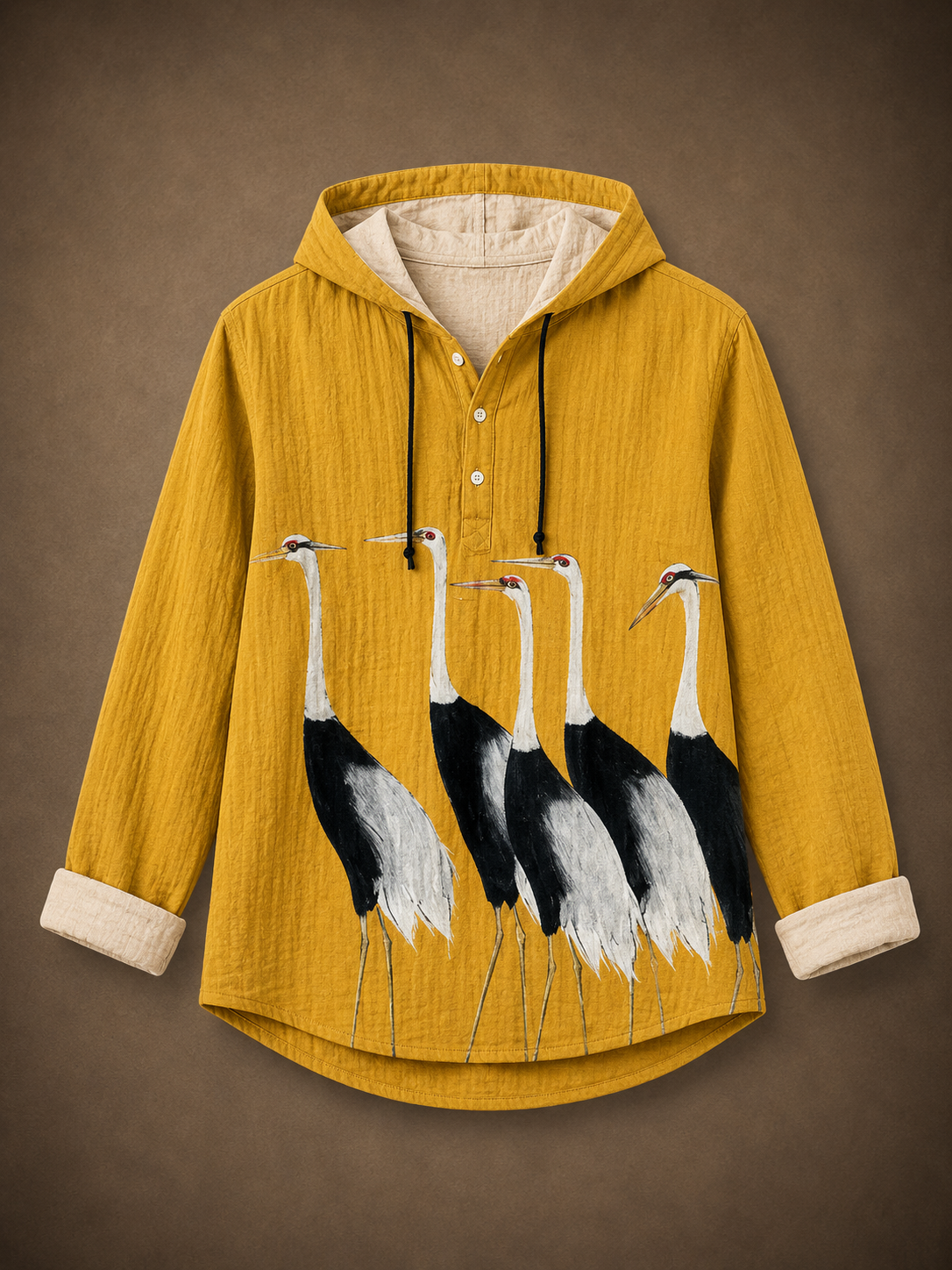 Premium Crane Graphic Hooded Shirt – Artistic Full Sleeve Casual Shirt