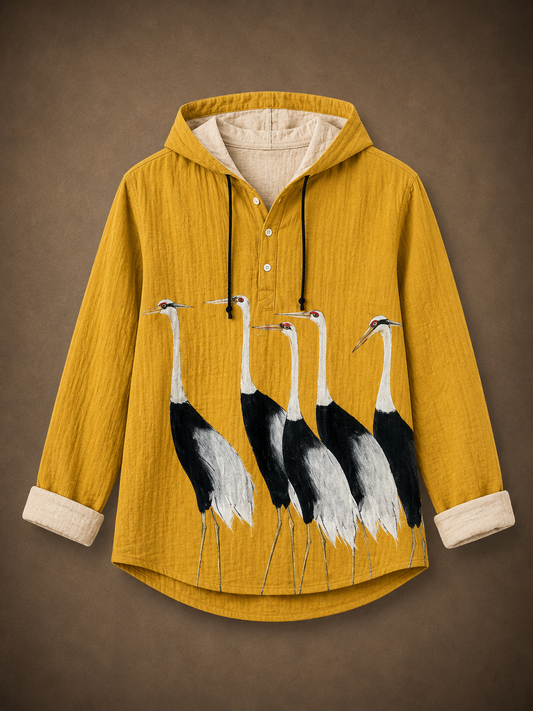 Premium Crane Graphic Hooded Shirt – Artistic Full Sleeve Casual Shirt