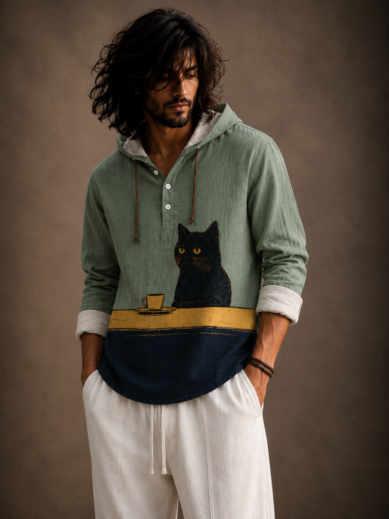 Premium Cat Graphic Hooded Shirt – Casual Full Sleeve Overshirt