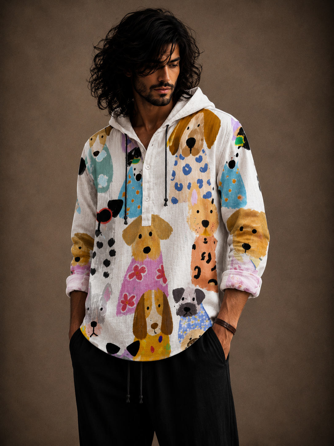 Premium Dog Print Hooded Shirt – Colorful Full Sleeve Casual Overshirt