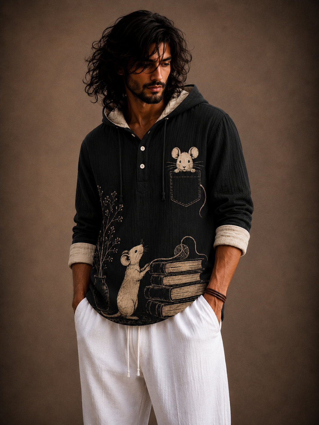 Premium Mouse Graphic Hooded Shirt – Artistic Full Sleeve Casual Overshirt