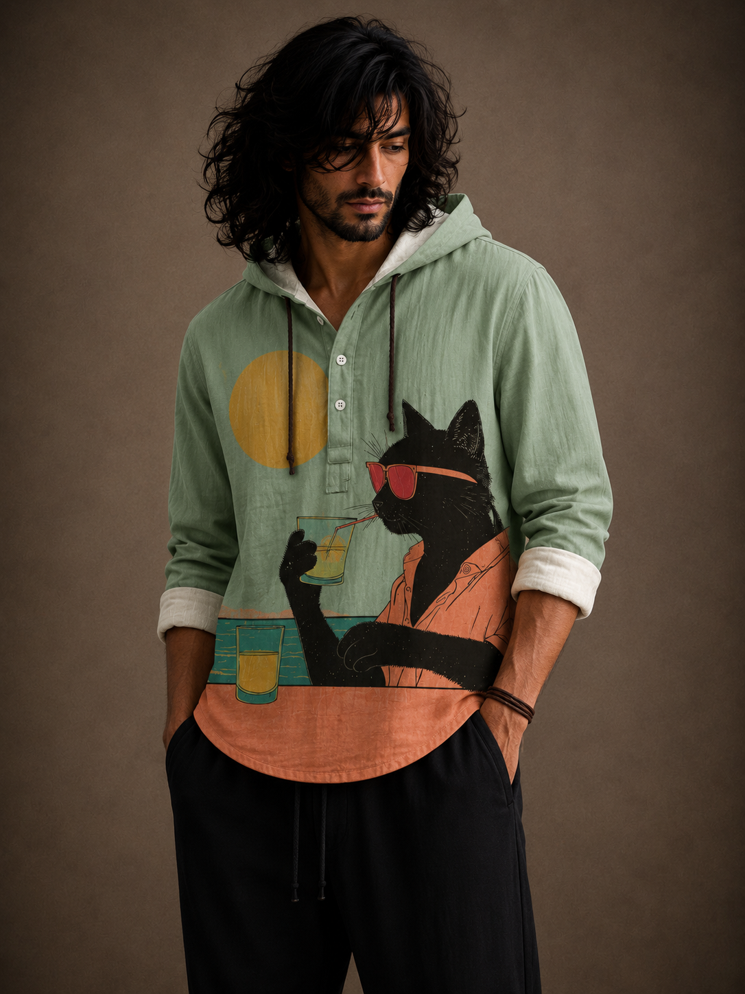 Premium Cat Graphic Hooded Shirt – Artistic Casual Full Sleeve Shirt