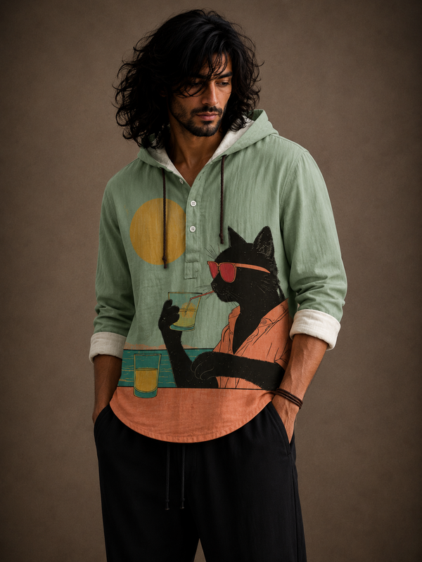 Premium Cat Graphic Hooded Shirt – Artistic Casual Full Sleeve Shirt