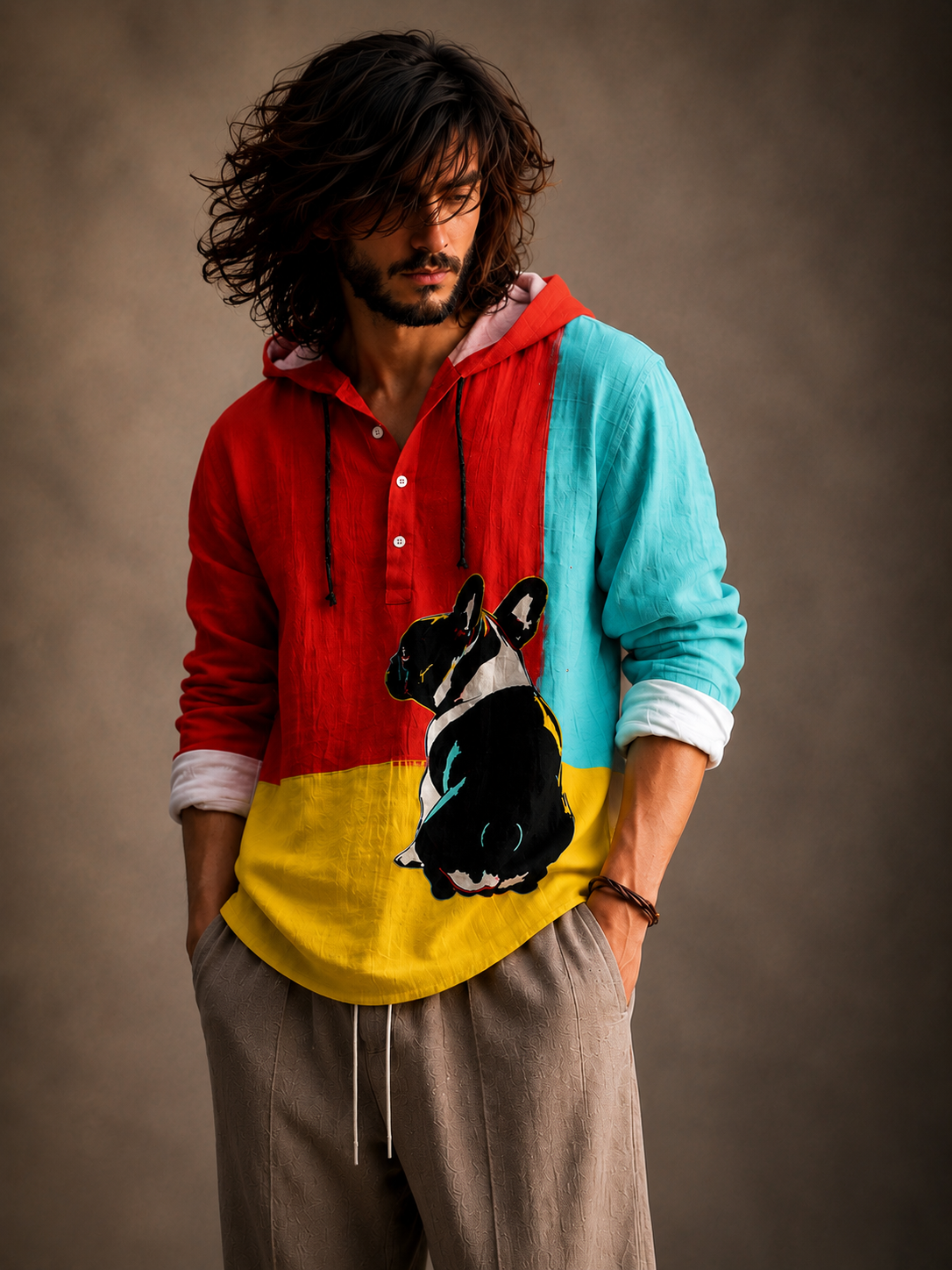 Premium Cat Graphic Hooded Shirt – Color Block Full Sleeve Casual Overshirt