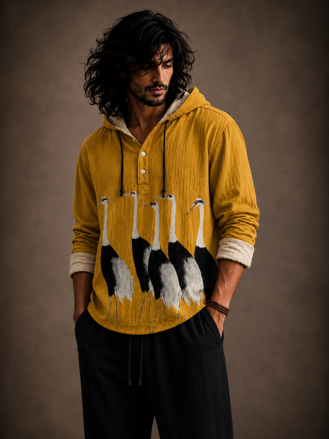 Premium Crane Graphic Hooded Shirt – Artistic Full Sleeve Casual Shirt
